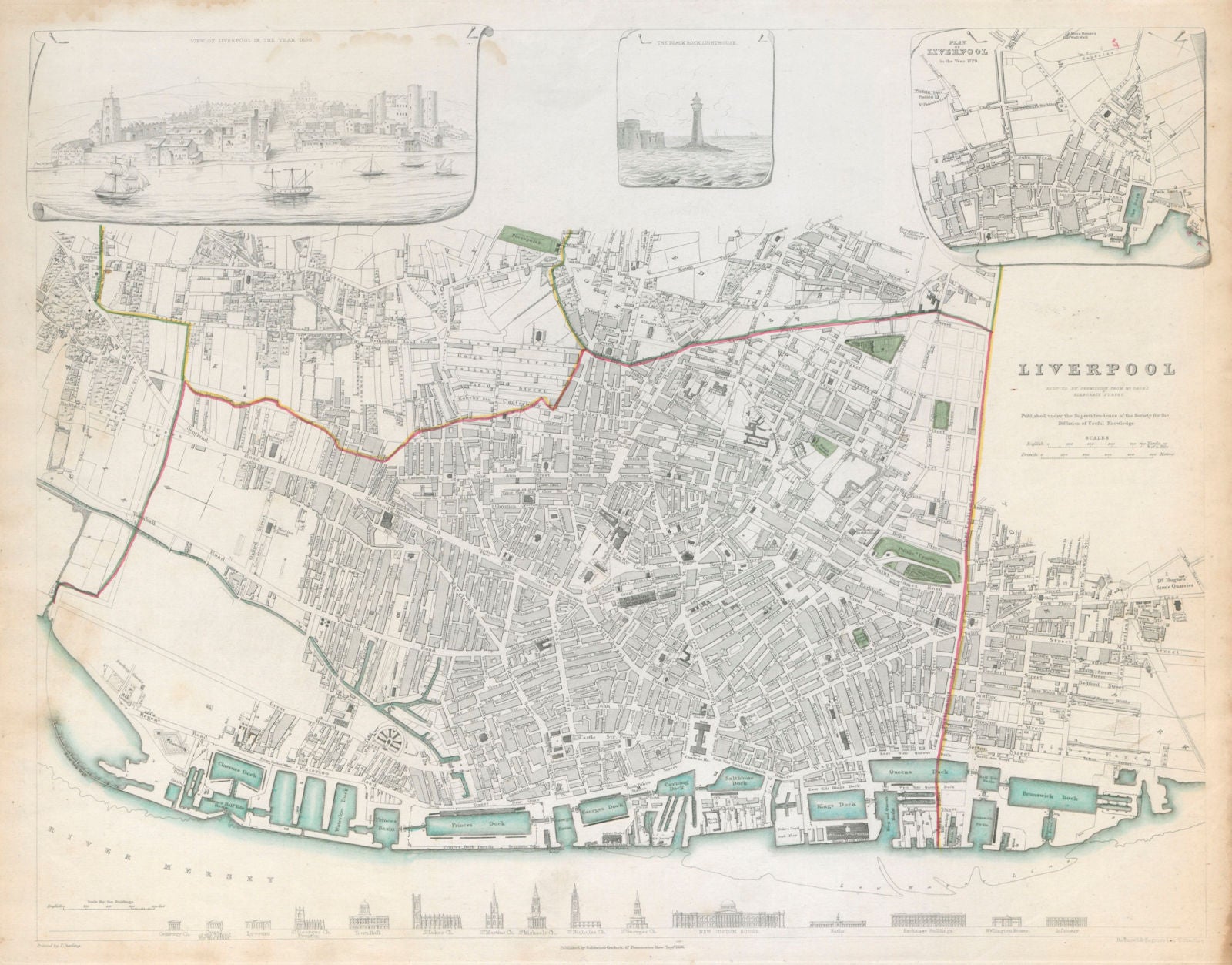 LIVERPOOL. Antique town city map.Inset view & plan in 1729. Buildings.SDUK c1844